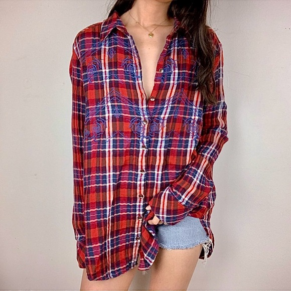 Free People Embroidered Magical Plaid Buttondown Top - Picture 2 of 11